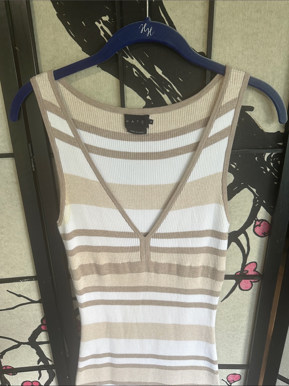 Hatch Striped V-Neck Ribbed dress long body maternity- Beige & White